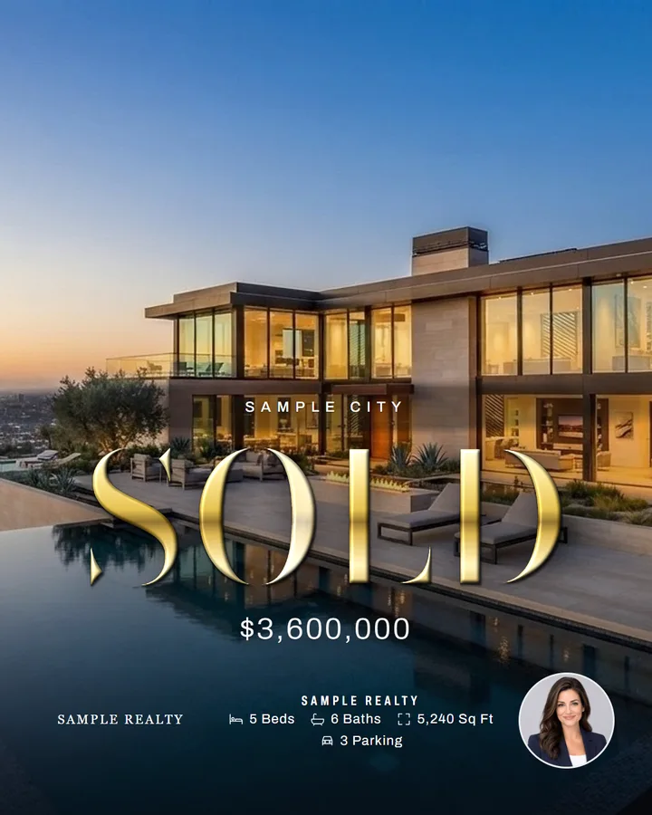 Sold Instagram post in the Cinematic One-Sheet poster style with a 24K Gold title, on a sample luxury home photo